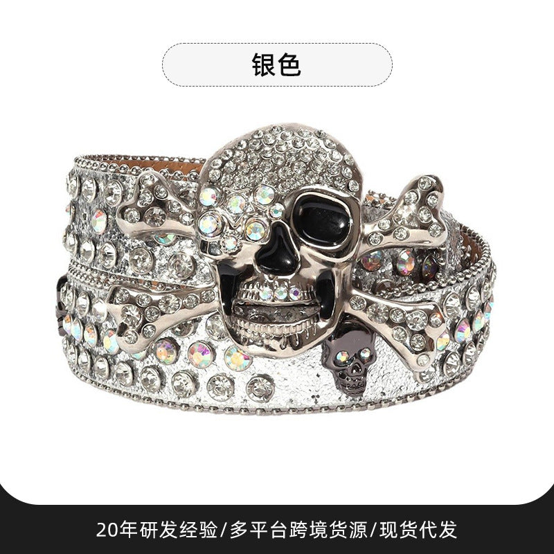 Wholesale Thick imitation leather belt with rhinestone alloy belt and trendy skull belt
